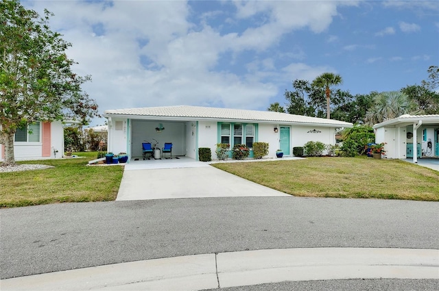 single story home with a carport and a front lawn