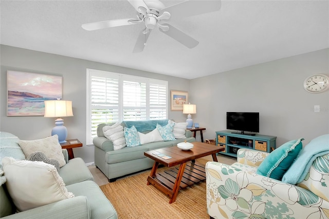 living room featuring ceiling fan