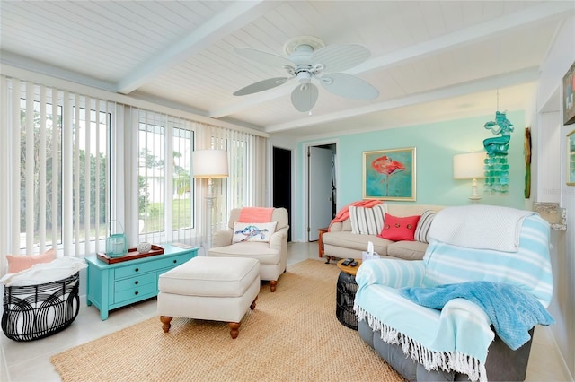 sunroom / solarium featuring beam ceiling and ceiling fan