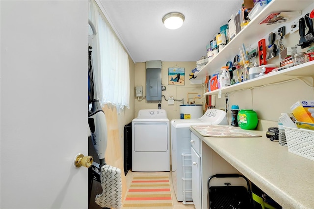 laundry room with washing machine and dryer and electric panel