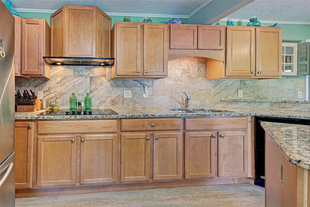 kitchen with black electric stovetop, sink, light stone countertops, light hardwood / wood-style floors, and extractor fan