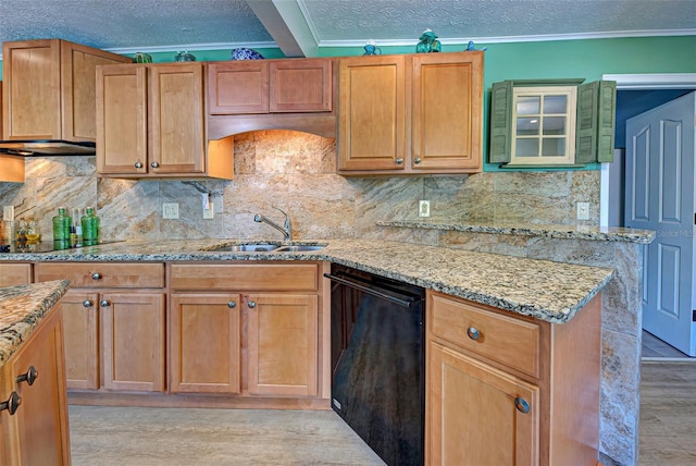 kitchen with sink, light stone counters, light hardwood / wood-style flooring, backsplash, and black appliances