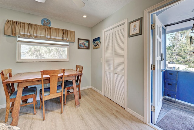 dining room featuring light wood-type flooring and a textured ceiling