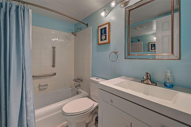 full bathroom with vanity, toilet, and shower / bathtub combination with curtain