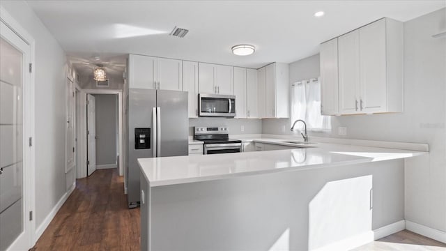 kitchen with kitchen peninsula, white cabinetry, sink, and stainless steel appliances