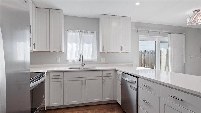 kitchen featuring white cabinets, dark hardwood / wood-style floors, sink, and stainless steel appliances