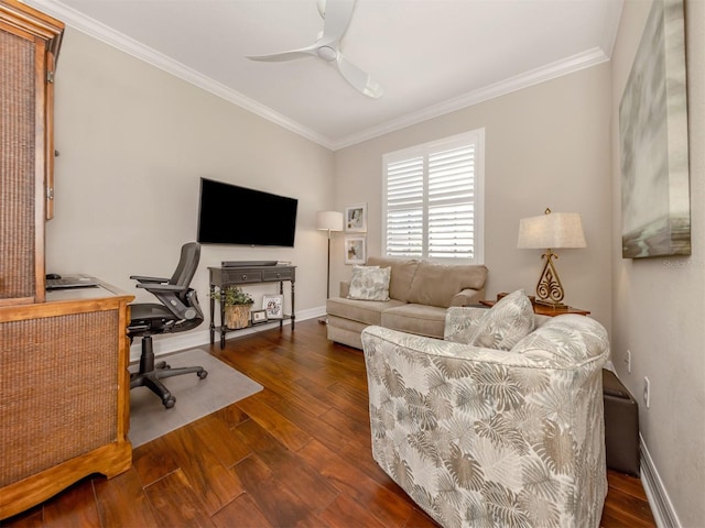 office space featuring ceiling fan, dark hardwood / wood-style flooring, and crown molding