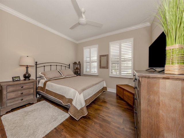 bedroom featuring ceiling fan, dark hardwood / wood-style flooring, and ornamental molding