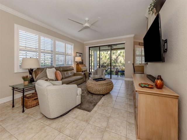 tiled living room with ceiling fan and crown molding