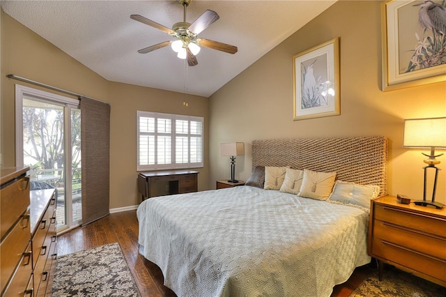 bedroom with lofted ceiling, access to outside, ceiling fan, dark hardwood / wood-style floors, and a textured ceiling