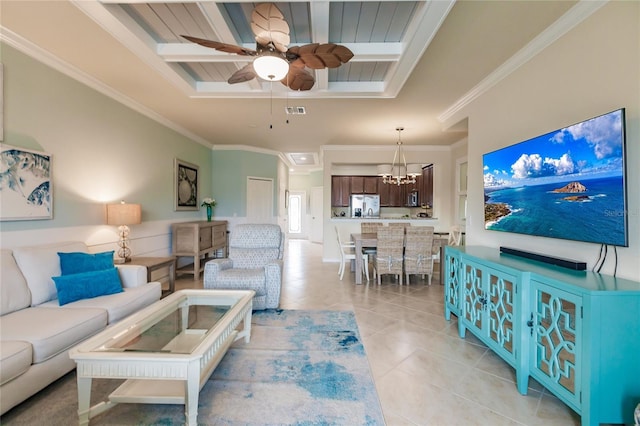 tiled living room with beamed ceiling, ceiling fan with notable chandelier, wooden ceiling, and ornamental molding