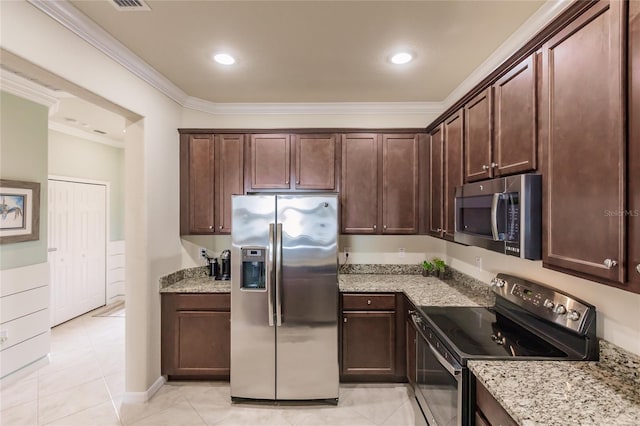 kitchen with crown molding, light stone counters, and stainless steel appliances