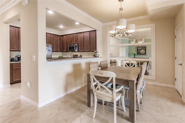 dining space with light tile patterned flooring, crown molding, and an inviting chandelier