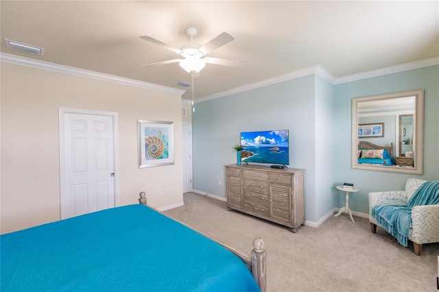 bedroom with ceiling fan, light colored carpet, and ornamental molding