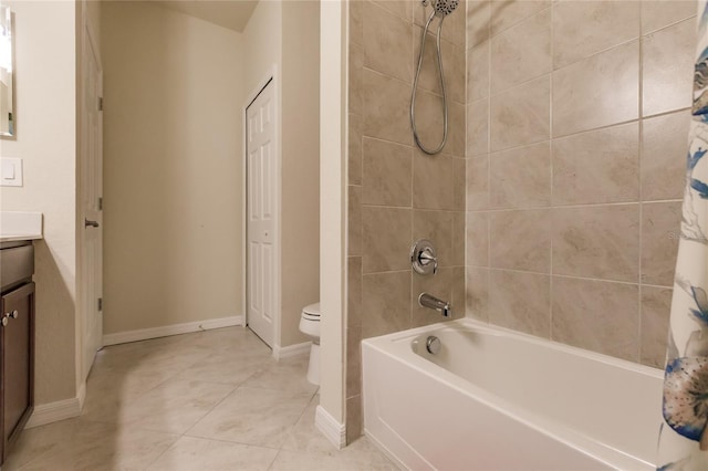 full bathroom with tile patterned floors, vanity, toilet, and shower / tub combo with curtain