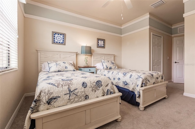 bedroom featuring light carpet, a closet, and ceiling fan