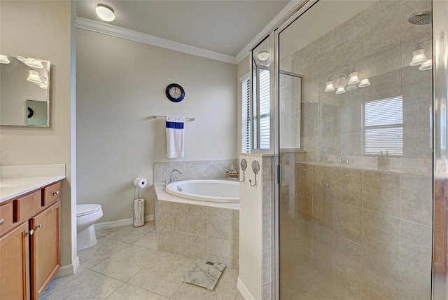 full bathroom with plus walk in shower, vanity, toilet, and crown molding