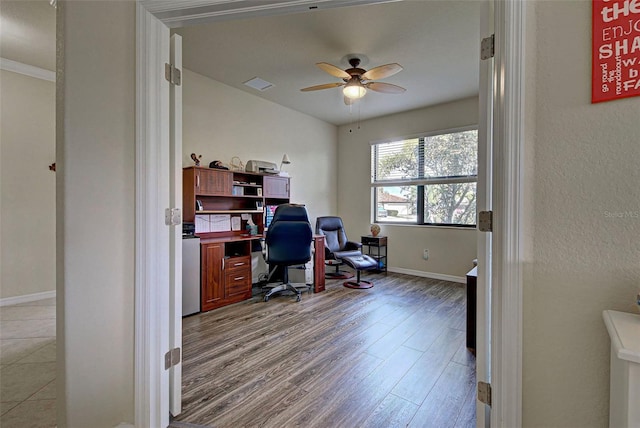 office area featuring ceiling fan and light hardwood / wood-style flooring