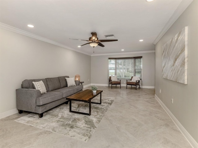 living room with ceiling fan and crown molding