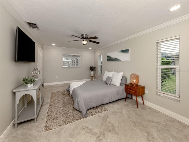 bedroom featuring ceiling fan and ornamental molding