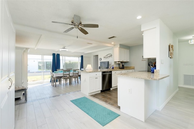 kitchen featuring kitchen peninsula, dishwasher, white cabinetry, and beamed ceiling