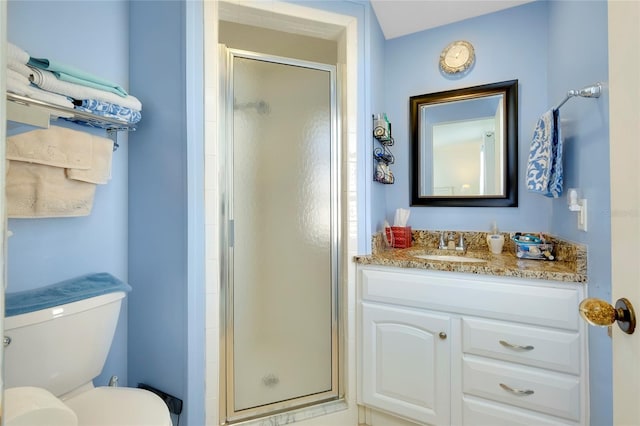 bathroom with vanity, toilet, and a shower with shower door