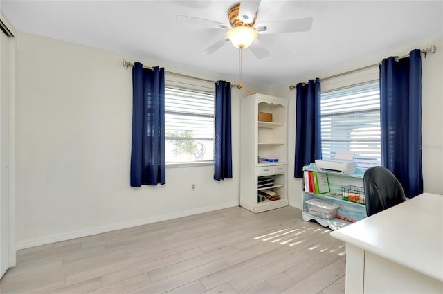 home office with ceiling fan and light wood-type flooring