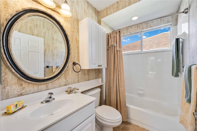 full bathroom with shower / bath combo, vanity, and toilet