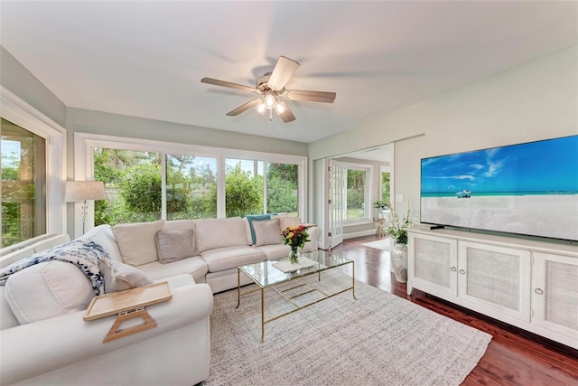 living room with ceiling fan, a wealth of natural light, and dark hardwood / wood-style floors