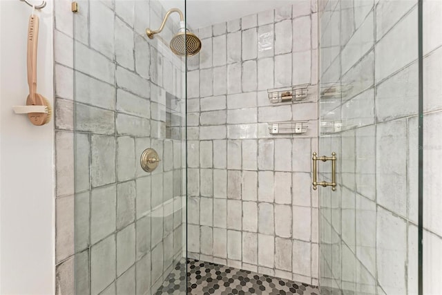 bathroom with a shower with door