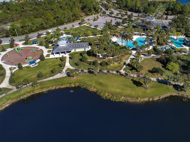 birds eye view of property featuring a water view