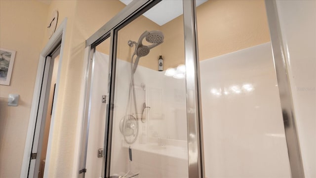 bathroom featuring a shower with shower door