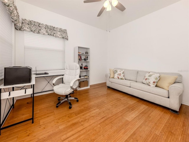 office area featuring hardwood / wood-style flooring and ceiling fan