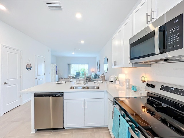 kitchen featuring kitchen peninsula, stainless steel appliances, white cabinets, and sink