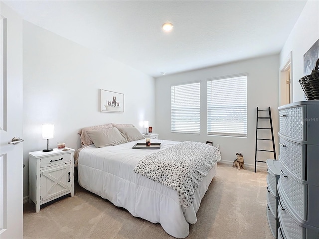 bedroom featuring light colored carpet