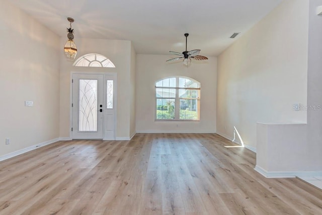 entryway featuring ceiling fan and light wood-type flooring