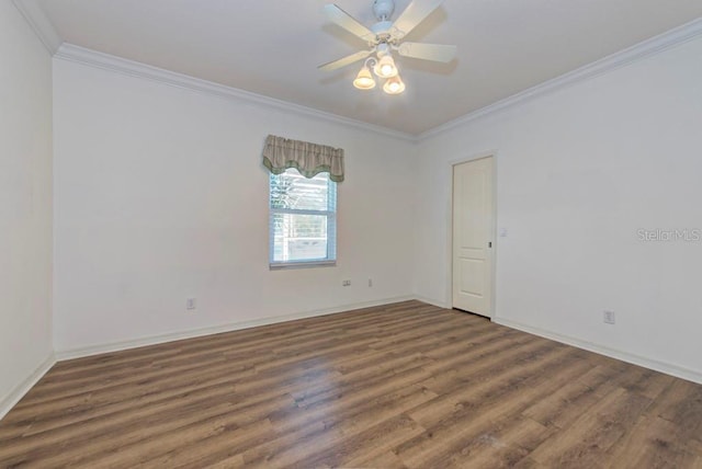 unfurnished room with ceiling fan, ornamental molding, and dark hardwood / wood-style floors