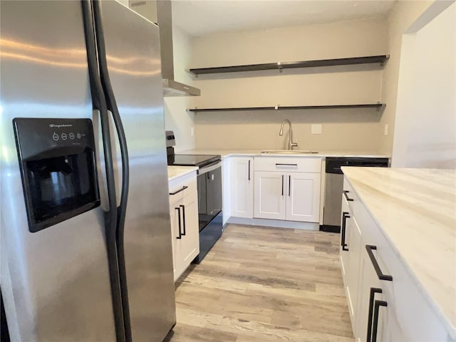 kitchen with stainless steel appliances, white cabinets, a sink, and open shelves