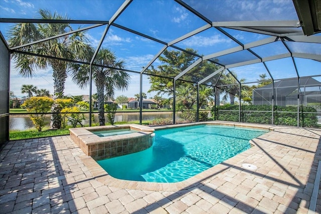 view of swimming pool featuring an in ground hot tub, a water view, a lanai, and a patio area