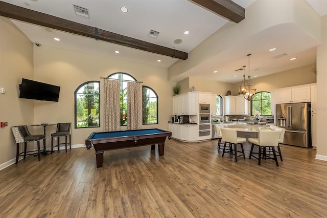 5733 Semolino St, Nokomis, FL 34275 - rec room featuring beamed ceiling, wood finished floors, billiards table, recessed lighting, and baseboards
