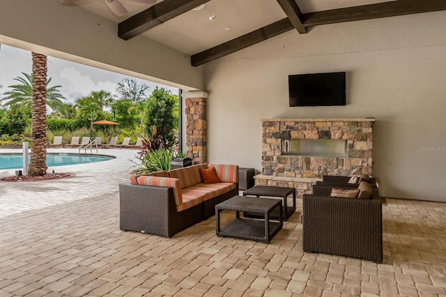 5733 Semolino St, Nokomis, FL 34275 - view of patio / terrace featuring ceiling fan, an outdoor pool, and an outdoor hangout area