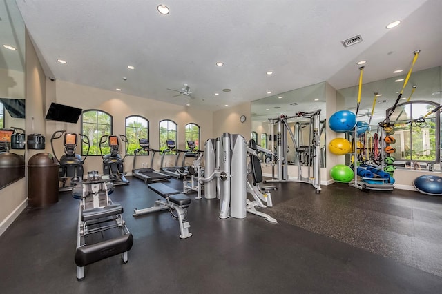 5733 Semolino St, Nokomis, FL 34275 - workout area with healthy amount of natural light, recessed lighting, baseboards, and a ceiling fan