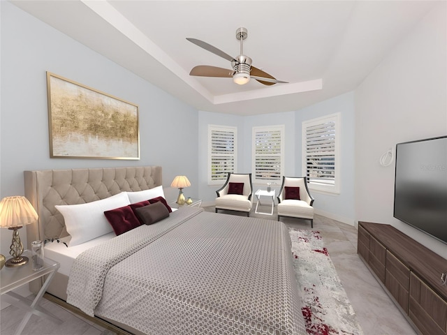 5733 Semolino St, Nokomis, FL 34275 - bedroom with a tray ceiling, a ceiling fan, and baseboards