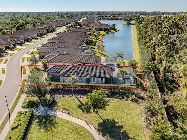 5733 Semolino St, Nokomis, FL 34275 - aerial perspective of suburban area featuring property boundaries highlighted and a nearby body of water