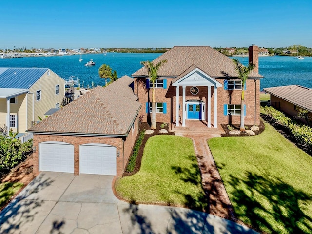 bird's eye view with a water view