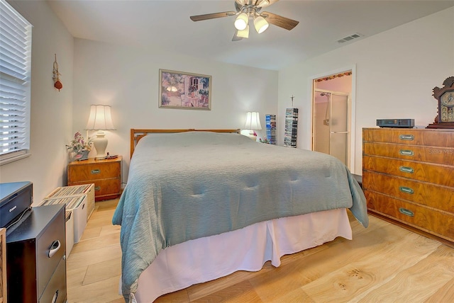 bedroom featuring ceiling fan and light hardwood / wood-style floors