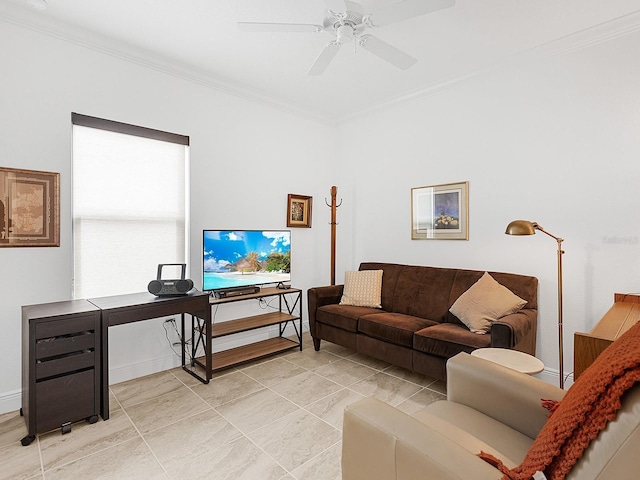 living room with ceiling fan and crown molding