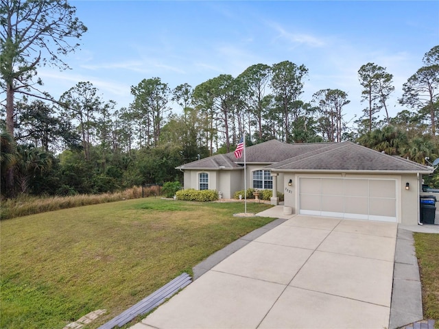 ranch-style home with a garage and a front lawn