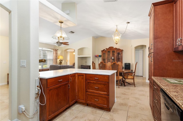 kitchen featuring dishwasher, ceiling fan, built in features, decorative light fixtures, and kitchen peninsula