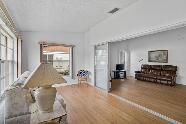 sitting room with wood-type flooring and a textured ceiling